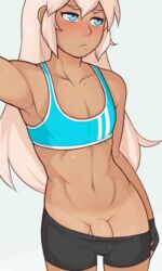 1boy abs blue_eyes blush bulge cody_(dross) crossdressing dark-skinned_femboy dark-skinned_male dark_skin dick_root dross femboy fingerless_gloves flaccid_penis frown gym_clothes long_hair_male male male_only midriff navel original penis penis_peek pink_hair pout shaved_crotch solo tanline toned trap