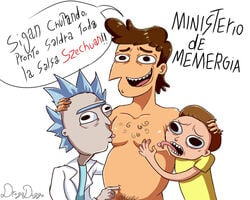 clothed_male_nude_male cmnm drogodoggo gaston_(ministerio_de_energia) gay hairy licking morty_smith navel_insertion nipple_licking nipple_suck out_of_frame_censoring pubic_hair_peek rick_and_morty rick_sanchez spanish_text what yaoi