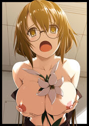 bangs between_breasts black-framed_eyewear black-framed_glasses black_border border breast_squeeze breasts brown_eyes brown_hair ceiling ceiling_light collarbone female female flower glasses hair_between_eyes highres large_breasts lily_(flower) long_hair looking_at_viewer nipples open_mouth original sexually_suggestive shikei solo sweat tears topless upper_body very_long_hair wall white_flower