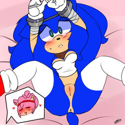 2girls amy_rose anus blue_fur bondage bound breasts clitoris female furry handcuffs hedgehog kikiluv legs_up mammal pussy rule_63 sonic_(series) sonic_the_hedgehog sonique_the_hedgehog spread_legs vagina yuri