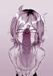 10s 1girls absurdres ahoge blush breasts cleavage dagashi_kashi female female_only glasses highres huge_filesize kid_(artist) large_breasts looking_at_penis looking_over_glasses monochrome owari_hajime penis_awe penis_shadow penis_silhouette shadow short_hair silhouette solo sweat trembling white_shirt