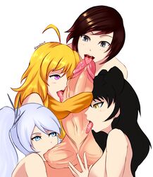 1boy 4girls ball_sucking balls blake_belladonna breasts cleavage collaborative_fellatio erection faunus fellatio female huge_cock human male nude oral penis quadruple_fellatio ruby_rose rwby sowilo straight team_rwby teamwork testicles weiss_schnee yang_xiao_long