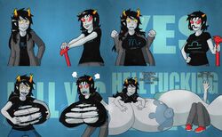 2girls :d ? black_hair black_lips blue_background blue_lips blue_nipples breast_expansion cane dialogue fangs glasses grey_skin homestuck horns hyper_breasts hyper_nipples jacket long_hair ms_paint_adventures multiple_girls nipples pants pitkin pointy_ears ripped_clothing sharp_teeth shirt short_hair teal_nipples terezi_pyrope text troll vriska_serket yellow_eyes