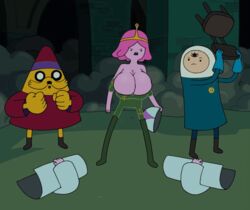 1girls 2boys adventure_time angry animated big_breasts bodysuit boots bouncing_breasts breast_jiggle breasts bursting_breasts canine cartoon_network chair circuitry clothed clothes clothing cowl crown dog dust edit female finn_the_human gloves hat huge_breasts human inside jake_the_dog jewelry living_candy male moustache necklace pendant pink_hair pink_skin princess_bubblegum robe screenshot screenshot_edit short_hair tight_clothing undressing weapon yetig