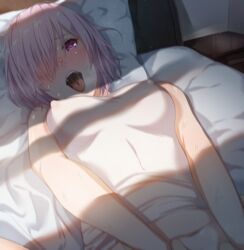 ahe_gao bare_arms bed blurry blush breasts commentary day erect_nipples fate/grand_order fate_(series) female hair_over_one_eye heart heart-shaped_pupils heavy_breathing implied_sex indoors looking_at_viewer lying medium_breasts mr._tight navel nightstand nose_blush on_back open_mouth pillow pink_hair purple_eyes saliva shielder_(fate/grand_order) shiny shiny_hair short_hair solo sunlight sweat symbol-shaped_pupils taut_clothes tongue tongue_out upper_body vest white_vest window_shade