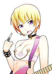 10s aikatsu! blonde_hair blush bra bracelet breasts casual chains collar collarbone cupless_bra cute_fang earrings female female_only guitar hattori_yuu highres human instrument jewelry lock looking_at_viewer middle_finger musical_instrument neckwear nipple_chain nipple_piercing nipple_rings nipples open_mouth padlock pale_skin piercing pink_bra punk purple_eyes ring short_hair simple_background small_breasts solo spiked_bracelet spikes star star_earrings suzushiro_nazuna underwear upper_body white_background wristwear