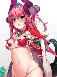 armor bangs bikini bikini_armor blue_eyes blush breasts cape elizabeth_bathory_(brave) elizabeth_bathory_(fate) eyebrows_visible_through_hair fate/extra fate/extra_ccc fate/grand_order fate_(series) female gauntlets hair_ribbon highres horns kaerunoko long_hair navel nipples pauldrons pink_hair purple_ribbon red_bikini ribbon self_fondle simple_background small_breasts solo stomach sweat swimsuit tail tiara white_background