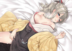 after_sex anchor areola_slip areolae bare_shoulders bed_sheet black_skirt blue_eyes blush breasts breath closed_mouth cum cum_on_body cum_on_lower_body curly_hair drill_hair ebifurya female hakama haori hatakaze_(kantai_collection) japanese_clothes kantai_collection kimono light_brown_hair long_hair lying medium_breasts no_bra off_shoulder on_back open_clothes ponytail sidelocks skirt small_breasts solo