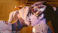 2girls 3d batyastudio blender blonde_hair blue_skin closed_eyes eyes_closed female female_only happy kissing long_hair mercy mouth_open open_mouth overwatch pink_lipstick purple_lipstick widowmaker yellow_eyes yuri