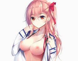 asymmetrical_bangs bangs blush bow breasts brown_eyes closed_mouth expressionless eyebrows_visible_through_hair farcher female girls'_frontline hair_between_eyes hair_ribbon hairbow long_hair long_sleeves looking_at_viewer medium_breasts negev_(girls_frontline) nipples no_bra one_side_up open_clothes open_shirt pink_hair red_bow red_ribbon ribbon shirt simple_background solo tsurime upper_body white_background