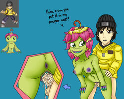 anthro anus ass breasts cum digimon digimon_(species) digimon_world dxt91 english_text female hiro human interspecies male mameo_(digimon) nipples nude palmon penis plant plant_girl vagina vaginal