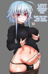 1futa ahoge balls_in_panties blue_hair breasts breasts_out caption clothed clothing elzikyuchi erection foreskin futa_only futanari glasses intersex panties partially_clothed penis photoshop precum precum_drip red_eyes shirt solo solo_futa sweater taishi_(picchiridou) text third-party_edit