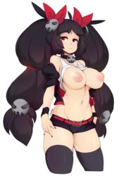 1girls absurdres areolae bare_shoulders big_breasts big_hair black_legwear black_shorts breasts breasts_out collar commentary eyebrows_visible_through_hair female groin hair_ribbon highres large_areolae large_breasts lenea_(elridalm) long_hair looking_at_viewer navel nipples original puffy_nipples red_eyes red_ribbon ribbon shirt_lift short_shorts shorts simple_background skindentation slugbox smile solo tank_top thick_eyebrows thick_thighs thighhighs thighs topless very_long_hair white_background