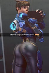 3d alternate_costume ass batesz cadet_oxton chronal_accelerator dat_ass female female_only garrison_cap looking_at_viewer looking_back overwatch presenting_hindquarters selfie snapchat solo text tracer uniform