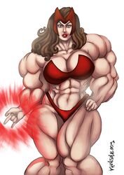 abs bare_shoulders biceps big_muscles bikini blue_eyes breasts brown_hair cleavage extreme_muscles female female_only headgear large_breasts lips lipstick looking_at_viewer marvel muscles muscular muscular_female red_lipstick roemesquita scarlet_witch solo thick_thighs thighs thong wanda_maximoff