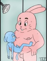 age_difference anal anal_sex anthro balls big_dom_small_sub boxtop cartoon_network duo erection father father_and_son feline gumball_watterson hi_res incest lagomorph male male_penetrating mammal nude overweight parent penetration penis rabbit richard_watterson sex shower shower_head size_difference son the_amazing_world_of_gumball yaoi