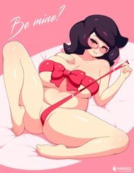 1girls 3mangos aether_foundation big_breasts blush breasts chubby cleavage crotch_ribbon glasses large_breasts milf on_bed pokemon pokemon_sm ribbon spread_legs text thick_thighs voluptuous wicke_(pokemon)