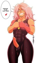 1futa abs anasheya big_breasts bodysuit breasts dickgirl erection futa_only futadom futadom_caption futanari gem_(species) heart hourglass_figure intersex jasper_(steven_universe) looking_at_viewer muscles muscular_futanari penis penis_out pink_hair smile solo solo_futa speech_bubble spoken_heart steven_universe testicles text thick_thighs veins veiny_penis watermark wide_hips zipper