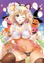 ;d animal_ears artist_name babydoll bangs bead_bracelet beads black_legwear blonde_hair blush bracelet breasts brown_eyes cat_ears collarbone dated djeeta_(granblue_fantasy) fake_animal_ears female ghost granblue_fantasy hairband halloween hands_up hat jack-o'-lantern jewelry kneeling kurimomo large_breasts legs_apart looking_at_viewer navel nipples one_eye_closed open_mouth scrunchie short_hair smile solo tareme thighhighs thighs witch_hat wrist_scrunchie