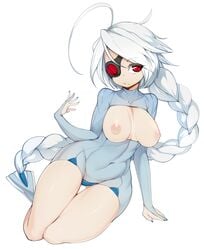 1girls absurdres ahoge areolae arm_support ass_visible_through_thighs big_breasts blazblue blue_unitard braid breasts breasts_apart breasts_out collarbone covered_navel eyebrows_visible_through_hair eyepatch eyes_visible_through_hair female highres large_breasts legs_together long_hair looking_at_viewer nail_polish nipples nu-13 pale_skin red_eyes shiny shiny_clothes shiny_hair shiny_skin silver_hair simple_background sitting skin_tight slugbox solo thick_thighs thigh_gap thighs unitard white_background