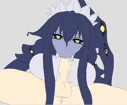 69_position black_hair blue_skin breasts fellatio female headdress maid_headdress monster_girl monster_girl_encyclopedia oral penis ponytail sex shoggoth_(monster_girl_encyclopedia) slime_girl yellow_eyes