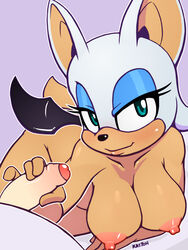 breasts curved_to_the_right_penis female foreskin fur furry handjob human human_on_anthro kaitoh looking_at_viewer male male/female naked nipples nude penis rouge_the_bat sonic_(series) tail uncut