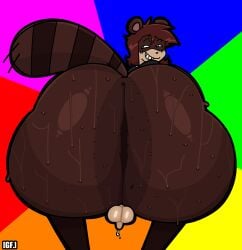 2026 absurd_res anthro balls big_butt black_nose bodily_fluids bottom_heavy bottomless bottomless_anthro bottomless_male brown_body brown_fur brown_hair bubble_butt butt butt_focus canid canine clothed clothing colored digital_drawing_(artwork) digital_media_(artwork) eyebrows femboy fur genital_fluids genitals ghostfuckrr glistening glistening_butt hair head_turned hi_res huge_butt humanoid_genitalia humanoid_penis kiss_my_ass looking_back male male_anthro mammal markings panna_cotta_(ghostfuckrr) penis precum raccoon_dog rear_view round_ears shirt simple_background small_balls small_penis smile smirk solo striped_markings striped_tail stripes sweat sweaty_butt tail tail_markings tan_body tan_fur tanuki teeth thick_thighs topwear