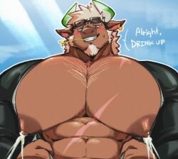 2_horns abs age_difference anthro big_muscles big_nipples big_pecs blue_eyes bodily_fluids bodysuit bovid bovine brown_body brown_fur cattle clothing dallawan dialogue ear_piercing english_text eyewear eyewear_on_head fur hair hay_in_mouth hi_res horn huge_muscles huge_nipples huge_pecs hyper hyper_muscles hyper_pecs king_slabu lactating male male_lactation mammal milk muscular muscular_anthro muscular_male nipples object_in_mouth older_male outside pecs piercing skinsuit solo speech_bubble sunglasses sunglasses_on_head sweat sweatdrop text tight_clothing wearing_sunglasses wetsuit wheat wheat_in_mouth white_body_hair white_hair xxl_woofia
