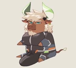 2_horns anthro beard big_bulge big_muscles big_pecs blue_eyes bodysuit bovid bovine brown_body brown_fur bulge cattle chibi clothing dallawan ear_piercing ear_ring facial_hair feral fur hair hi_res horn huge_bulge huge_pecs hyper hyper_bulge king_slabu male mammal muscular nipple_outline pecs piercing ring_piercing sideburns sitting skinsuit solo tight_clothing wetsuit white_beard white_facial_hair white_hair