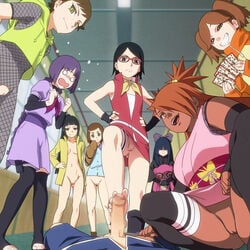 1boy 6+girls akimichi_chouchou alternate_costume boruto:_naruto_next_generations bottomless breasts censored clothing dark_skin femdom fishnet_bodysuit flat_chest footjob freaking_out glasses itoi_tsuru izuno_wasabi kakei_sumire kaminarimon_denki kuroi_hako looking_at_viewer mosaic_censoring multiple_girls mushiro_(nijie728995) naruto no_panties onikuma_enko penis pov pussy sarada_uchiha standing standing_footjob suzumeno_namida uncensored unseen_male_face upskirt