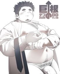 1boy banespring bara belly blush chest_hair chinese_commentary closed_eyes closed_mouth commentary_request dated fat fat_man flaccid greyscale highres long_sleeves male_focus male_pubic_hair monochrome navel necktie nipples no_male_underwear no_pants penis pubic_hair shinano_(tamacolle) smile tamacolle translation_request undone_necktie undressing