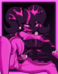 2026 areola areola_slip biped breasts candy clothing dessert eyelashes female fingers food generation_6_pokemon genitals hi_res humanoid latiar mega_banette mega_evolution nintendo nipple_outline open_mouth open_smile pink_body pokemon pokemon_(species) signature sitting smile solo ville_(latiar) vulva zipper zipper_mouth