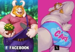 1boy absurdres armpit_hair armpits asgore_dreemurr ass bara beard belly biceps blonde_hair blue_male_underwear closed_eyes closed_mouth english_text facebook_logo facial_hair fangs flower_pot furry furry_male goat_tail highres holding holding_flower_pot holding_trowel looking_at_viewer looking_down male_focus male_underwear multiple_views navel open_mouth pandarita pectorals pink_background pink_shirt plump shirt skin_fangs smile suspenders tail topless_male trowel twitter_logo underwear utdr_(toby_fox) white_fur