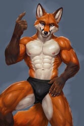 5_fingers abs anthro athletic black_briefs black_clothing black_underwear bleakcat blue_eyes briefs briefs_only brown_body brown_fur bulge canid canine claws clothed clothing countershade_face countershade_torso countershading finger_claws fingers fox fur gloves_(marking) hi_res humanoid_hands leg_markings looking_at_viewer male mammal markings multicolored_body multicolored_fur muscular muscular_anthro muscular_male navel nipples orange_body orange_fur scott_(scottthefox94) smile smiling_at_viewer smirk smirking_at_viewer socks_(marking) solo topless underwear underwear_only white_body white_fur