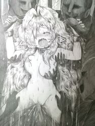 1girl 6+boys ^^^ blush bouncing_breasts breasts chain cleavage closed_eyes collar commentary_request completely_nude cowgirl_position cum double_handjob drooling elf faceless faceless_male fang fluffy_hair gangbang girl_on_top grabbing_another's_arm grabbing_another's_breast grabbing_from_behind graphite_(medium) greyscale groping group_sex hair_intakes handjob hands_up heavy_breathing highres large_breasts long_hair monochrome motion_lines multiple_boys navel nine_(vu) nipples nude one_eye_covered open_mouth original penis photo_(medium) pointy_ears pov pov_crotch pussy pussy_juice raised_inner_eyebrows sex sidelocks sitting sitting_on_person smile speed_lines straddling sweat tearing_up traditional_media vaginal very_long_hair very_sweaty vu_(oyavun) wavy_hair
