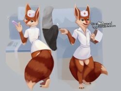 4:3 absurd_res anthro bulge clothed clothing dota duo female fur hat headgear headwear hi_res hoodwink_(dota) hoodwinkhuffer looking_at_viewer male male/female nurse_clothing nurse_uniform simple_background smile smirk solo_focus standing tail uniform valve