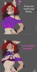 absurd_res anthro barbell_piercing bra bra_strap bra_strap_showing_(meme) breasts canid canine canis clothing comic dialogue dragon ear_piercing english_text exposed_breasts eyebrow_barbell eyebrow_piercing facial_piercing female grey_background hair hi_res hybrid lorelei_(lynxdts) lynxdts mammal meme midriff mythological_creature mythological_scalie mythology nipple_barbell nipple_piercing nipples piercing purple_clothing question_mark red_eyes red_hair scalie simple_background solo text toothy_grin underwear wolf