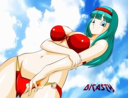 1girls bikini blue_eyes blue_hair bra_(dragon_ball) bra_briefs breasts diadem dicasty dragon_ball dragon_ball_gt female holding_own_arm large_breasts looking_at_viewer medium_breasts red_bikini red_bra solo viewed_from_below