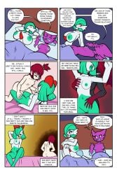 2026 2:3 absurd_res anthro anthrofied big_breasts bite breasts cigarette comic dialogue digital_drawing_(artwork) digital_media_(artwork) english_text female female/female female_anthro fourssss game_freak gardevoir generation_1_pokemon generation_3_pokemon genitals haunter hi_res human interspecies kirlia mammal nintendo nipple_piercing nipples nude nude_anthro nude_female piercing pokemon pokemon_(species) profanity purple_body sex small_breasts smoking smoking_cigarette text vulva white_body