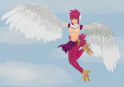 abs average_breasts bottomwear breasts digit_ring harmir harpy humanoid jewelry loincloth m.u.g.e.n monster_girl_(genre) mythology nipples red_hair simple_background toe_ring yellow_eyes