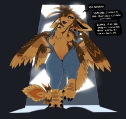 2026 4_arms 4_ears alex_(overgrown_lizards) anthro avali belly blush body_blush breasts breath brown_belly brown_body brown_feathers brown_head brown_tail brown_talons brown_wings candybleed chest_tuft clothed clothing english_text exposed_breasts feathered_wings feathers featureless_breasts female female_anthro genitals green_eyes hi_res looking_at_viewer medium_breasts multi_arm multi_ear multi_limb open_clothing open_mouth open_topwear purple_mouth slightly_chubby solo speech_bubble tail talking_to_viewer text topwear tuft undressing vulva vulva_blush walking walking_towards_viewer winged_arms wings