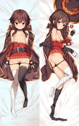 1girls 3: aokihoshi archway_of_venus ass asymmetrical_legwear bandaged_leg bandages bare_shoulders black_gloves black_legwear black_panties black_underwear blush breasts brown_hair cape choker closed_mouth dakimakura dakimakura_design dress dress_lift dress_pull eyepatch eyepatch_removed female fingerless_gloves full_body gloves gluteal_fold grinning_hat hat hat_removed headwear_removed high_resolution kono_subarashii_sekai_ni_shukufuku_wo! looking_at_viewer lying megumin multiple_views nipples on_back pantsu panty_pull pussy red_dress red_eyes short_dress short_hair_with_long_locks single_thighhigh small_breasts smile thigh_gap thighhigh_dangle thighhighs uncensored underwear vagina witch_hat