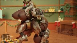 16:9 anthro areola balls belly big_balls big_breasts big_butt blender_(artwork) blender_cycles_(artwork) blizzard_entertainment breasts brown_areola brown_balls brown_body brown_breasts brown_nipples butt christmas_decorations christmas_lights digital_media_(artwork) female fur genitals gynomorph hand_on_butt hi_res huge_balls huge_breasts hyper hyper_balls hyper_genitalia intersex looking_at_viewer lustfuldemon nipples orisa_(overwatch) overwatch reindeer_orisa_(overwatch) slightly_chubby solo taur widescreen