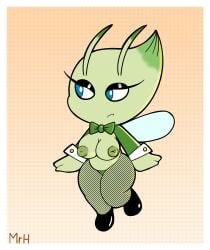 absurd_res big_breasts blue_eyes border breasts celebi clothed clothing costume female fishnet_clothing fishnet_legwear generation_2_pokemon hi_res humanoid inverted_nipples legendary_pokemon legwear mr_harinezumi nintendo nipples pokemon pokemon_(species) reverse_bunny_costume shortstack solo thick_thighs white_border wings