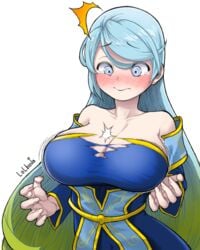 1girls blue_eyes blue_hair blush breast_expansion breasts bursting_breasts cleavage color dress embarrassed embarrassment female female_only hair_down huge_breasts league_of_legends lolboja long_hair lost_clothes ripped_clothes ripped_clothing ripped_dress solo sona_buvelle strapless strapless_dress tearing_clothes tears torn_clothes very_long_hair