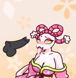anthro arthropod asian_clothing big_breasts blush blush_lines bodily_fluids breasts breath clothed clothing cum cum_in_mouth cum_inside cum_on_face cum_on_tongue darkner deltarune duo east_asian_clothing eyeshadow female flower_mantis genital_fluids genitals head_accessory heart_eyes heart_symbol insect japanese_clothing kimono long_tongue looking_at_genitalia looking_at_penis lunatic_cultist_(artist) makeup male male/female mantis mantis_(deltarune) non-mammal_breasts orchid_mantis partially_clothed penis pink_clothing pink_kimono sitting tongue undertale_(series) white_body yellow_eyes