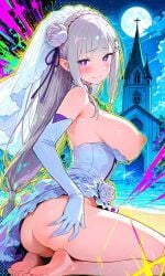 ai-generated ai_generated ass breasts church elbow_gloves emilia_(re:zero) flower gloves grey_hair hair_flower hair_ornament nipples purple_eyes re:zero_kara_hajimeru_isekai_seikatsu tagme