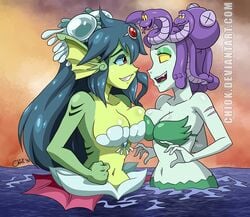 bra breasts cala_maria cephalopod cephalopod_humanoid chiok clothing crossover cuphead_(game) duo duo_focus fangs female fin fist forked_tongue giantess giga_mermaid hair half-closed_eyes long_hair looking_down marine medusa merfolk mermaid monster_girl mostly_nude navel octopus octopus_girl open_mouth red_eyes reptile scalie sea semi-anthro shantae sharp_teeth siren smile smooth_skin snake snake_hair teeth tongue tongue_out underwear video_games water wet yellow_eyes yuri