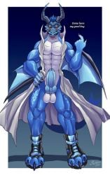 2024 abs anthro artist_name azure_the_wyvern balls barazoku beckoning black_horn blue_body blue_penis cape cape_only clothing dated dialogue digital_media_(artwork) dragon english_text erection footwear front_view full-length_portrait genitals gesture good_boy hand_on_hip head_horn hi_res horn horn_markings humanoid_genitalia humanoid_penis hybrid_genitalia hybrid_penis knot knotted_humanoid_penis knotted_penis looking_at_viewer male markings membrane_(anatomy) membranous_wings mostly_nude muscular muscular_anthro muscular_male mythological_creature mythological_scalie mythology pecs penis portrait red_eyes scalie sellon shoes solo speech_bubble talking_to_viewer text toeless_footwear toeless_shoes wings