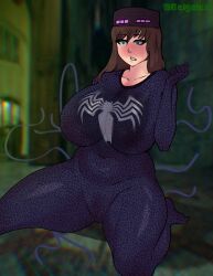 1girls 2026 absurd_res absurdres andr_(mob_talker) belgelex blush breasts breasts_bigger_than_head brown_hair clothed commission commission_art commissions_open enderman enderwoman female green_eyes hat headwear kneeling marvel non-nude oc one_arm_up skin_tight skinsuit solo solo_female surprised surprised_expression symbiote symbiote_suit tendrils thick_thighs thighs venom_(marvel) wide_hips